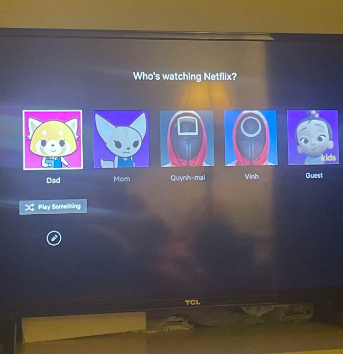 Netflix profiles displayed on TV screen, labeled for various family members.