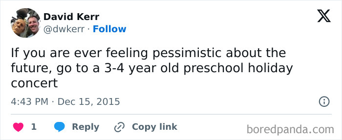 A tweet humorously suggesting preschool holiday concerts lift spirits.