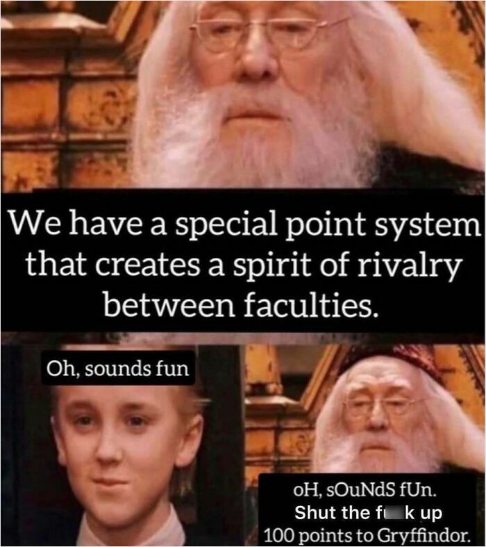 A funny meme showing a sarcastic exchange about a faculty point system, with humorous text overlaid on character images.