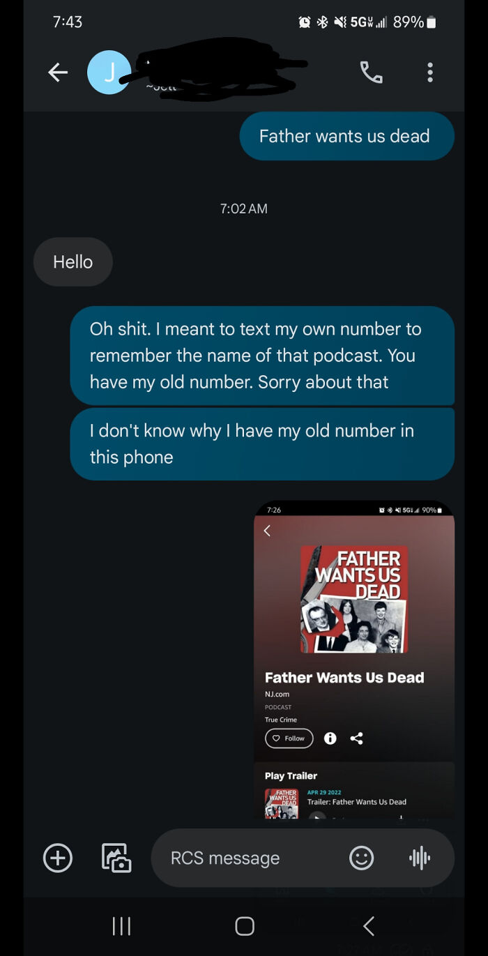 Text exchange about a podcast name mistake, showcasing unhinged wrong number texts.