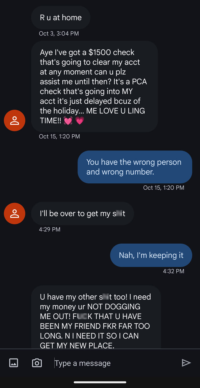 Unhinged wrong number text exchange about an unpaid check and personal dispute.