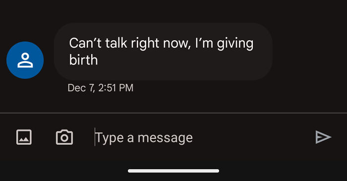 Wrong number text saying, "Can’t talk right now, I’m giving birth," in a chat interface.