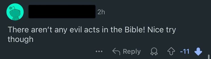 Online comment confidently incorrect, stating no evil acts in the Bible, part of roasting in this online group discussion.
