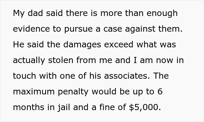 Text discusses pursuing a legal case over stolen items by a roommate, with potential penalties. Text discusses pursuing a legal case over stolen items by a roommate, with potential penalties.