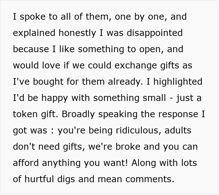 Text expressing a disappointed woman's conversation about gifts and the hurtful response from a poor family. Text expressing a disappointed woman's conversation about gifts and the hurtful response from a poor family.