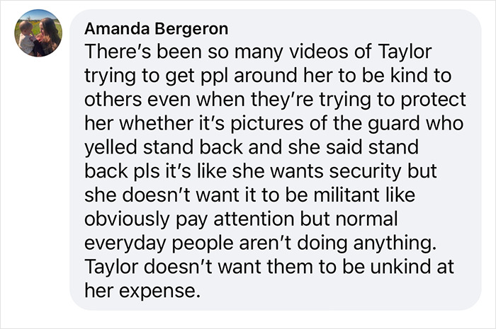 Text message praising Taylor Swift for encouraging kindness from her team. Text message praising Taylor Swift for encouraging kindness from her team.