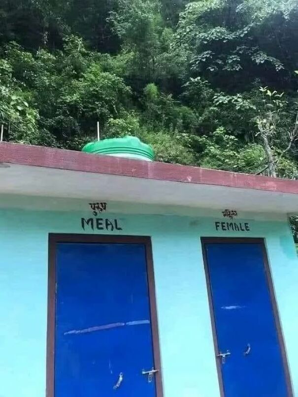 Weird and absurd signs with typos, labeled "Meal" and "Female" on blue bathroom doors against a forest backdrop.