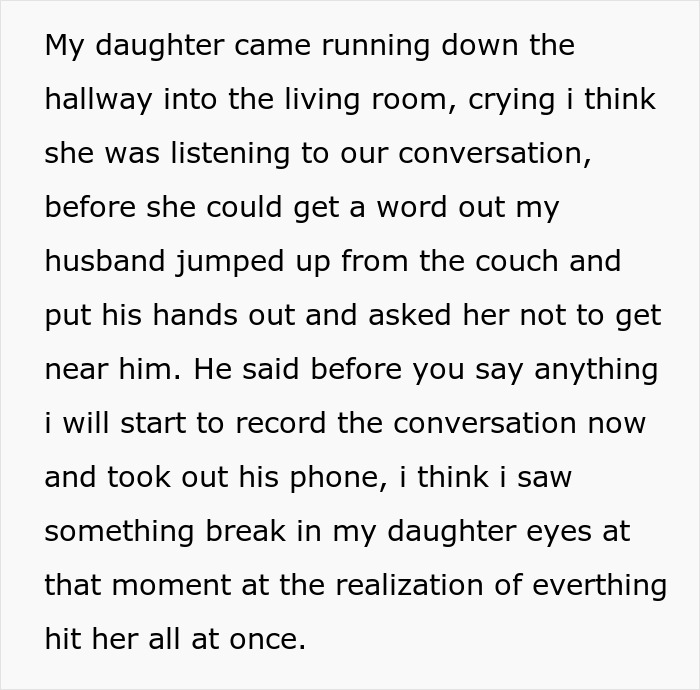 Text detailing a family confrontation after a teen falsely accuses her stepdad. Text detailing a family confrontation after a teen falsely accuses her stepdad.
