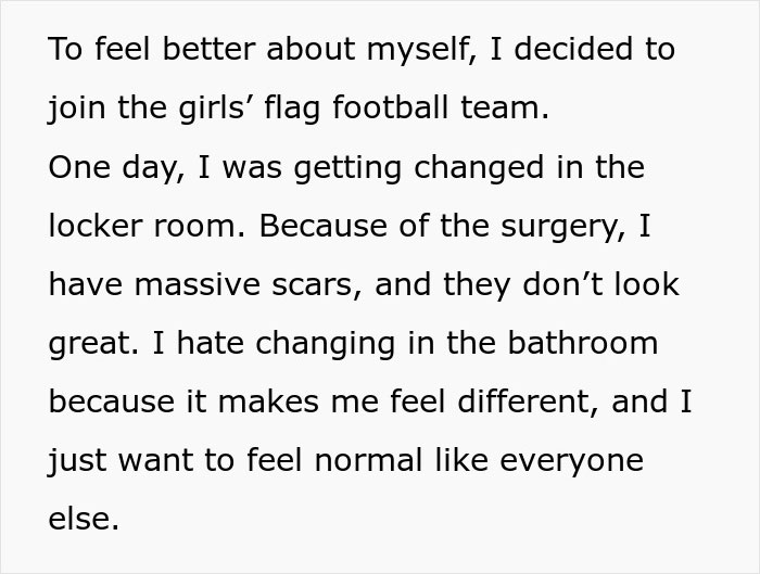 Text excerpt about a teen feeling uncomfortable changing due to surgery scars. Text excerpt about a teen feeling uncomfortable changing due to surgery scars.