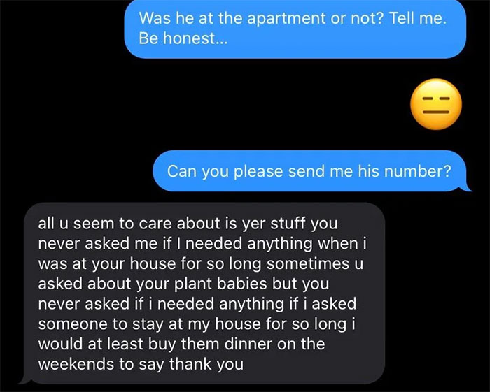 Text conversation about a roommate allegedly stealing stuff from an apartment. Text conversation about a roommate allegedly stealing stuff from an apartment.