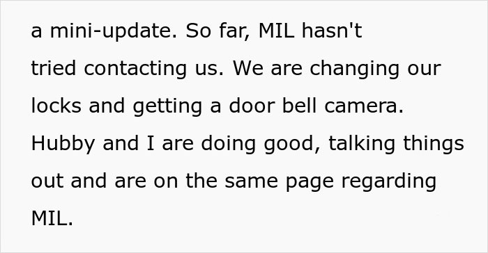Text about preparing for unannounced visits from MIL, discussing new security measures like locks and a doorbell camera. Text about preparing for unannounced visits from MIL, discussing new security measures like locks and a doorbell camera.