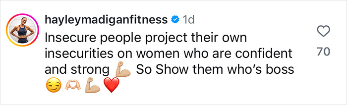 Comment highlighting confidence and strength in women, emphasizing overcoming body shamers. Comment highlighting confidence and strength in women, emphasizing overcoming body shamers.