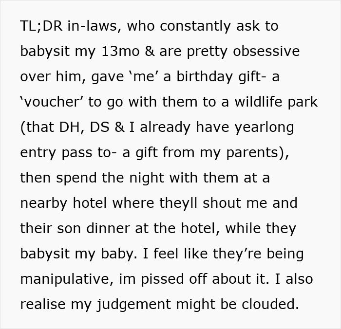 Woman Grows Suspicious After In-Laws Gift Her A Vacation Voucher To Babysit Their Grandkid Woman Grows Suspicious After In-Laws Gift Her A Vacation Voucher To Babysit Their Grandkid