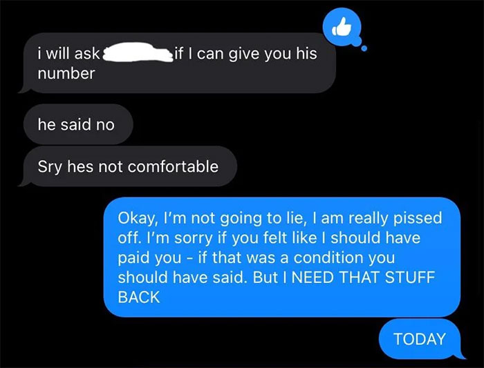 Text conversation showing frustration about roommate taking things from apartment. Text conversation showing frustration about roommate taking things from apartment.