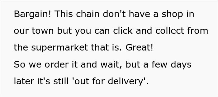 Text explaining a customer’s order delay and persistence in delivery process. Text explaining a customer’s order delay and persistence in delivery process.