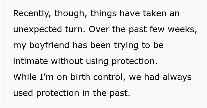 Text about a boyfriend attempting intimacy without protection while partner uses birth control. Text about a boyfriend attempting intimacy without protection while partner uses birth control.