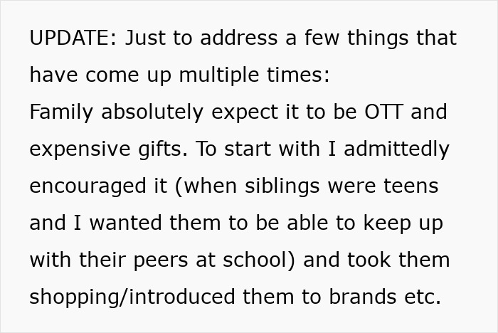 Text update about family's expectations for expensive gifts and past encouragements. Text update about family's expectations for expensive gifts and past encouragements.