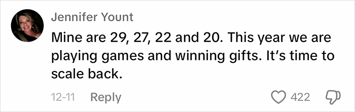 Comment about scaling back on gift-giving, suggesting playing games instead. Comment about scaling back on gift-giving, suggesting playing games instead.