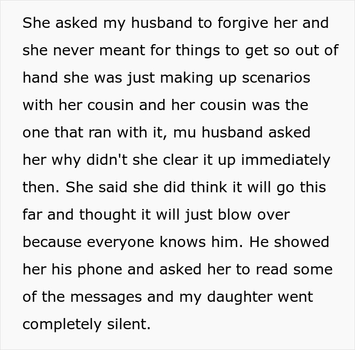Text discussing a misunderstanding involving a teen falsely accusing her stepdad, leading to family tension and shock. Text discussing a misunderstanding involving a teen falsely accusing her stepdad, leading to family tension and shock.