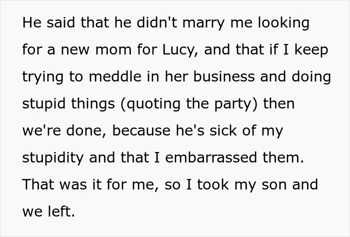 Text about a woman upset over a stepdaughter leaving a $10K party she organized. Text about a woman upset over a stepdaughter leaving a $10K party she organized.