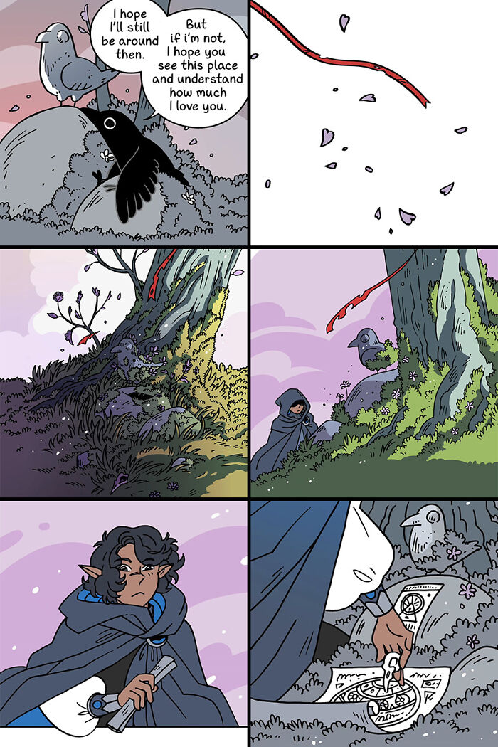 Fairytale-like comic scene with a crow, a rock, a person in a cloak, and a scroll amidst nature. Fairytale-like comic scene with a crow, a rock, a person in a cloak, and a scroll amidst nature.