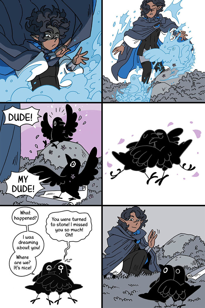 Fairytale-like comic with a magical figure and a talking crow reuniting in a whimsical scene. Fairytale-like comic with a magical figure and a talking crow reuniting in a whimsical scene.