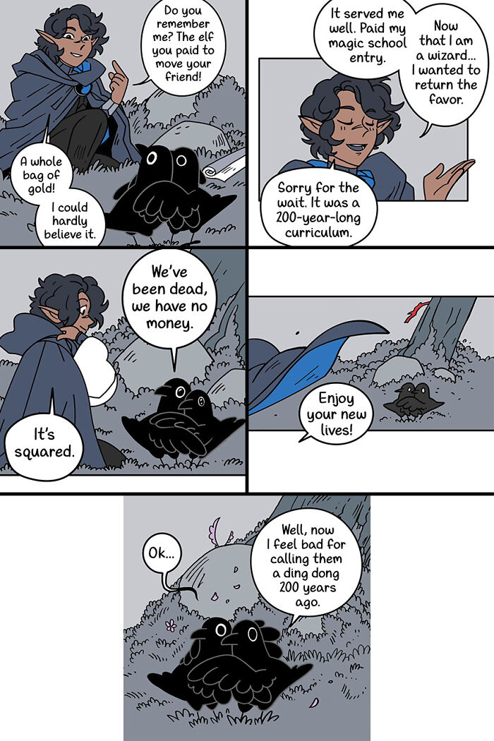 Cute and funny fairytale-like comic with a wizard and two crows having a humorous conversation in the forest. Cute and funny fairytale-like comic with a wizard and two crows having a humorous conversation in the forest.