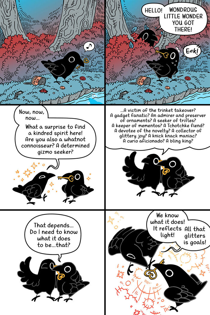 Cute and funny fairytale comic of two crows conversing in a colorful forest setting. Cute and funny fairytale comic of two crows conversing in a colorful forest setting.