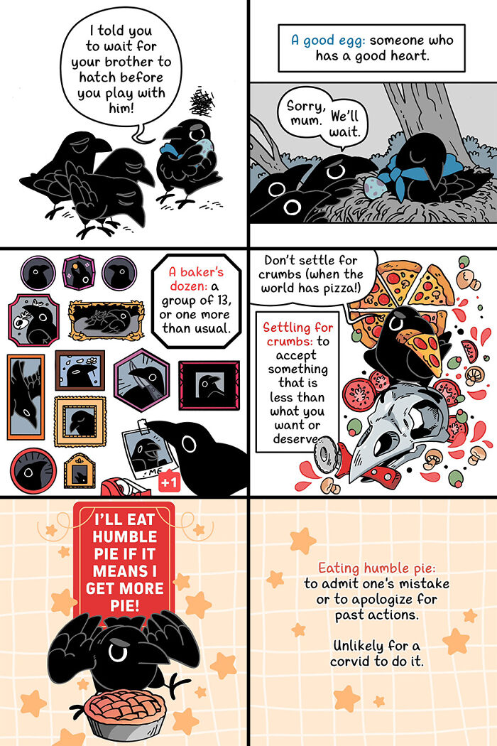 Cute and funny fairytale-like comic featuring crows with witty dialogues and playful illustrations. Cute and funny fairytale-like comic featuring crows with witty dialogues and playful illustrations.