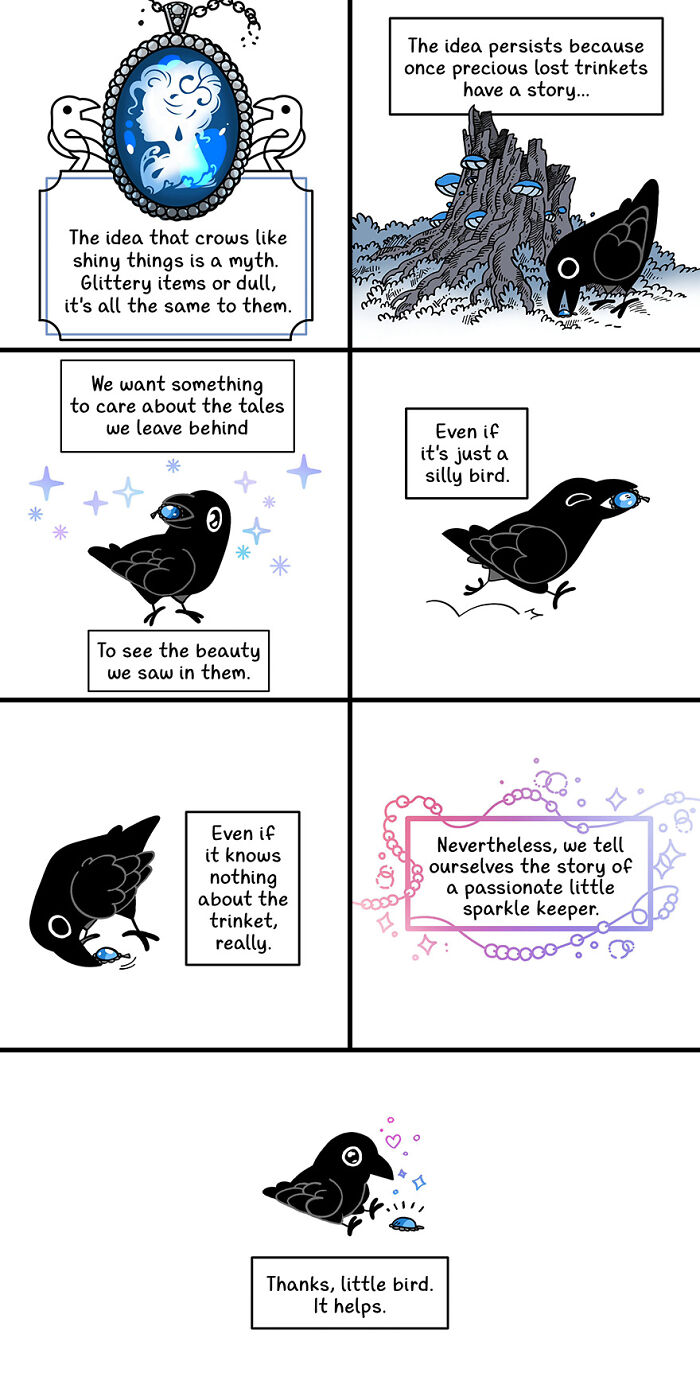 Comic illustration with a cute crow exploring trinkets, depicting a fairytale-like story. Comic illustration with a cute crow exploring trinkets, depicting a fairytale-like story.