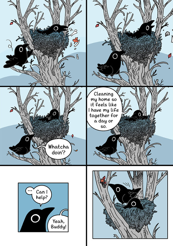 Cute and funny fairytale-like comic of crows cleaning a nest in a tree. Cute and funny fairytale-like comic of crows cleaning a nest in a tree.