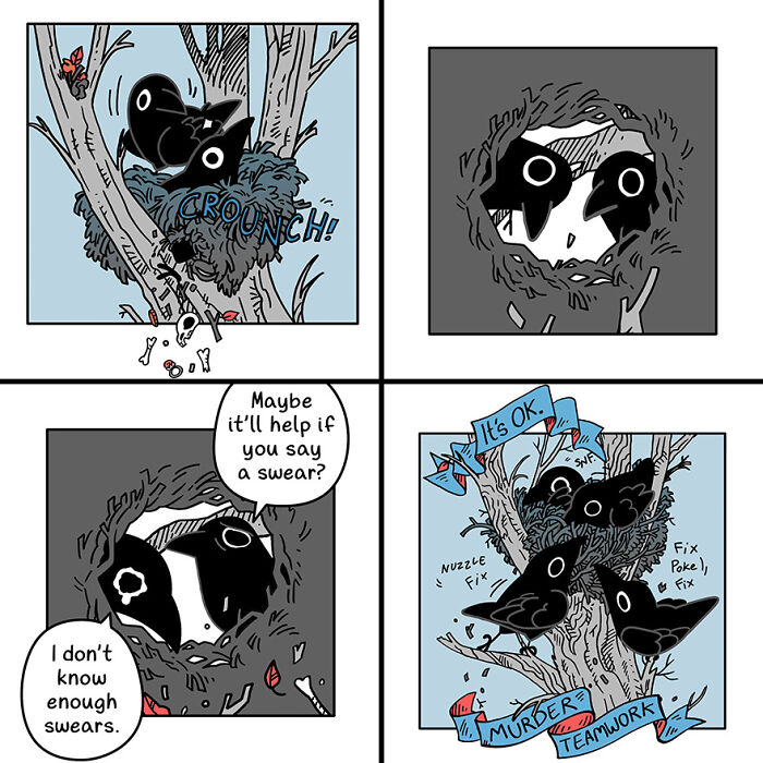 Cute and funny crow comic with crows in a nest using teamwork after a branch breaks. Cute and funny crow comic with crows in a nest using teamwork after a branch breaks.