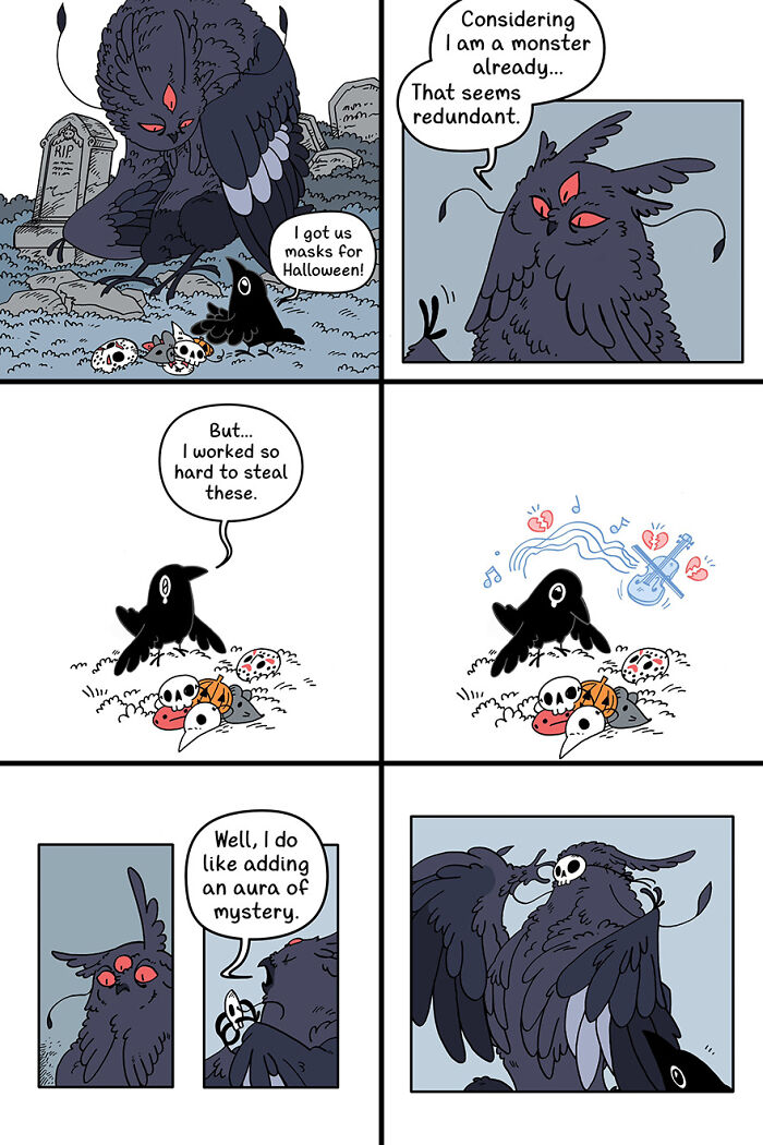 Cute and funny comic featuring a crow presenting Halloween masks to a larger, mysterious bird in a graveyard. Cute and funny comic featuring a crow presenting Halloween masks to a larger, mysterious bird in a graveyard.