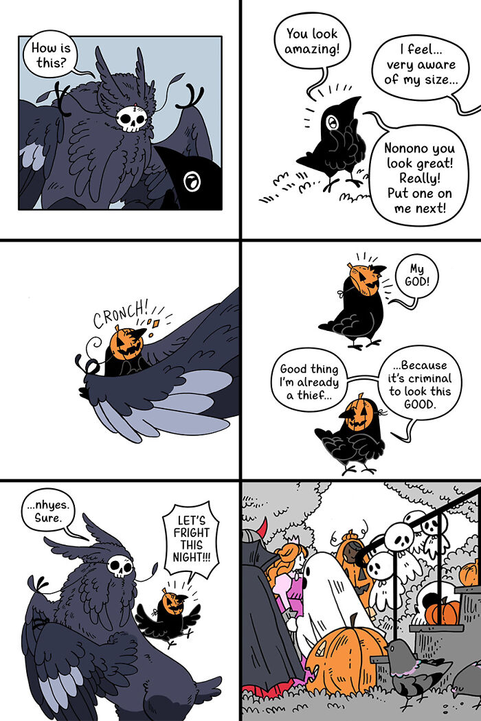 Cute and funny crow comic in a fairytale-like setting with a crow wearing a pumpkin mask and interacting with other characters. Cute and funny crow comic in a fairytale-like setting with a crow wearing a pumpkin mask and interacting with other characters.