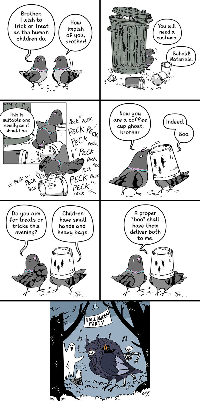 Cute and funny fairytale-like comic with birds creating Halloween costumes using trash materials. Cute and funny fairytale-like comic with birds creating Halloween costumes using trash materials.