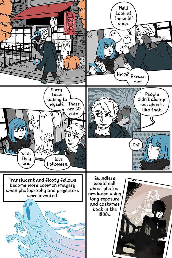 Cute and funny comic featuring characters interacting with cartoon ghosts in a fairytale-like setting. Cute and funny comic featuring characters interacting with cartoon ghosts in a fairytale-like setting.