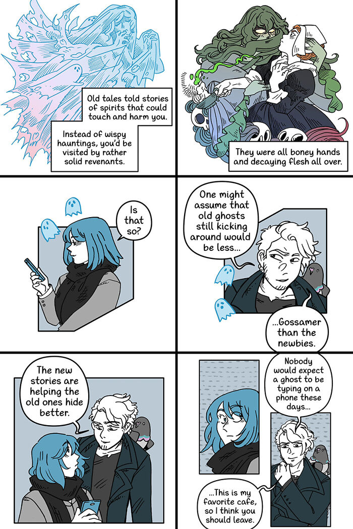 Comic with cute and funny fairytale-like ghosts discussing old tales, technology, and hiding in plain sight. Comic with cute and funny fairytale-like ghosts discussing old tales, technology, and hiding in plain sight.