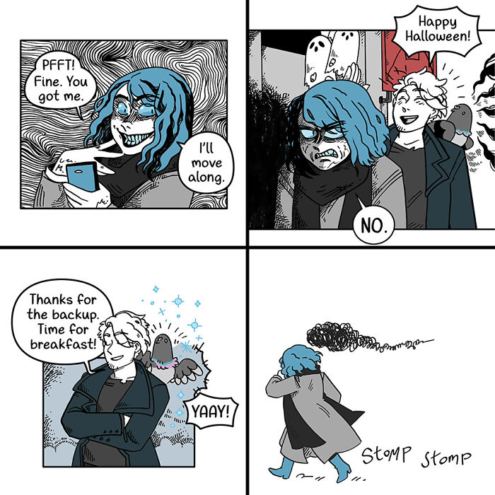Comic strip featuring a character with blue hair and a crow in funny, fairytale-like scenarios. Comic strip featuring a character with blue hair and a crow in funny, fairytale-like scenarios.