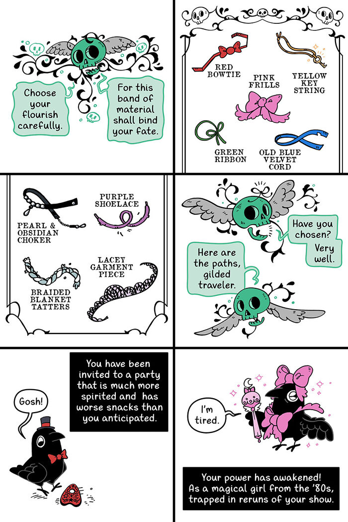 Cute comic featuring a crow choosing magical accessories and encountering a whimsical adventure. Cute comic featuring a crow choosing magical accessories and encountering a whimsical adventure.