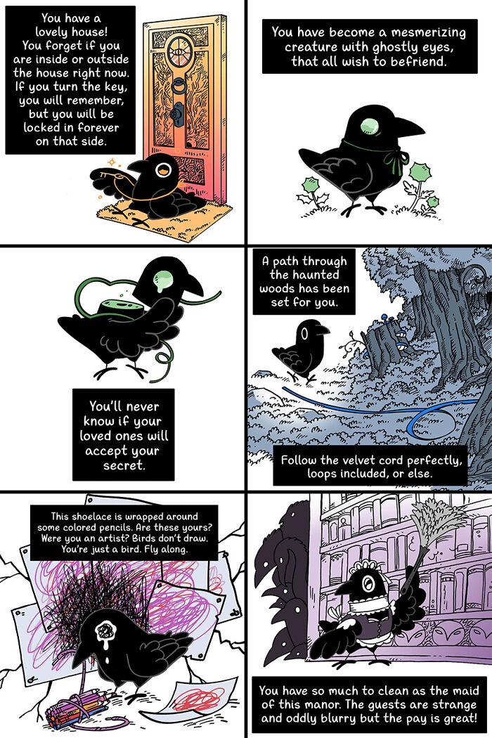 Cute and funny fairytale-like comic featuring a crow navigating whimsical adventures and challenges. Cute and funny fairytale-like comic featuring a crow navigating whimsical adventures and challenges.