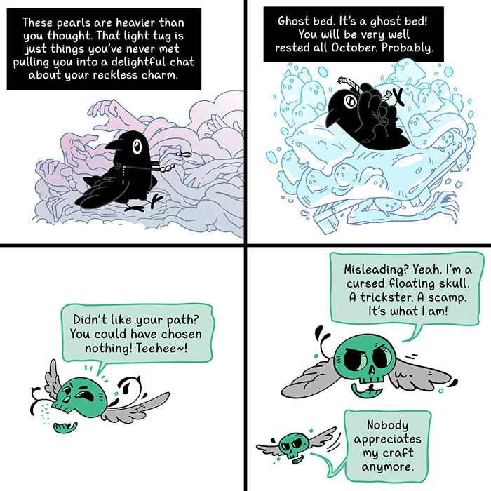 Cute and funny comic featuring a crow interacting with a ghost bed and a floating skull. Cute and funny comic featuring a crow interacting with a ghost bed and a floating skull.
