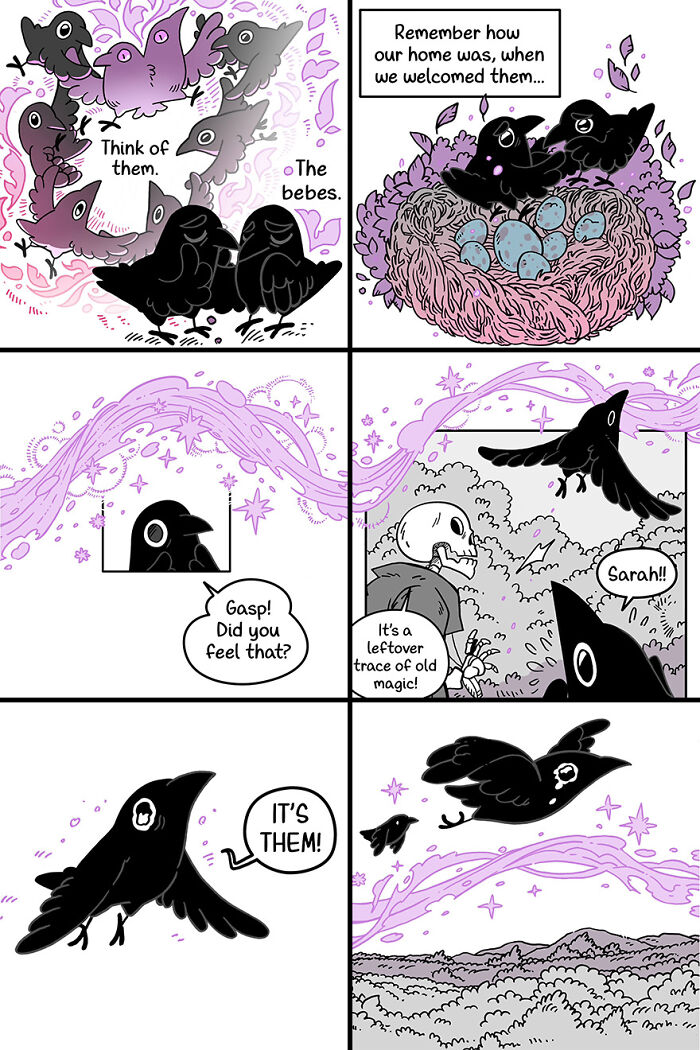 Cute and funny fairytale-like comic of crows discovering magical traces and colorful aura around their nest. Cute and funny fairytale-like comic of crows discovering magical traces and colorful aura around their nest.