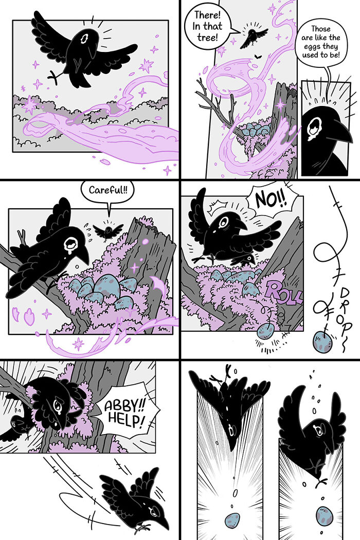 Cute comic featuring a crow finding colorful eggs in a nest, with a humorous and fairytale-like sequence of events. Cute comic featuring a crow finding colorful eggs in a nest, with a humorous and fairytale-like sequence of events.