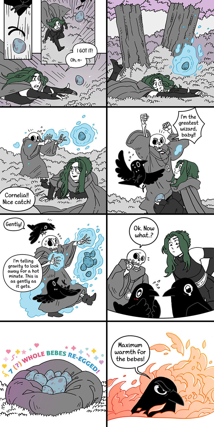 Wizard and crow in a fairytale-like comic catch flying eggs, using magic for comedic effect. Wizard and crow in a fairytale-like comic catch flying eggs, using magic for comedic effect.