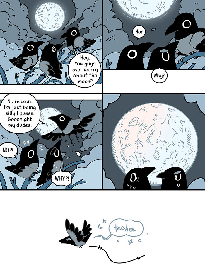 Cute and funny comic strip with crows discussing the moon in a fairytale-like setting. Cute and funny comic strip with crows discussing the moon in a fairytale-like setting.
