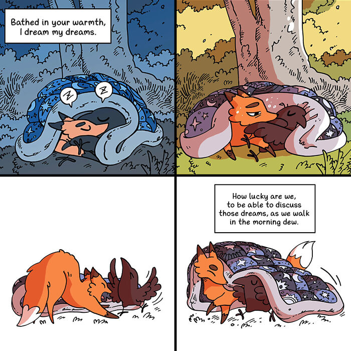 Cute comic strip with a fox and a crow, snuggling under a blanket, sharing dreams in a fairytale-like setting. Cute comic strip with a fox and a crow, snuggling under a blanket, sharing dreams in a fairytale-like setting.