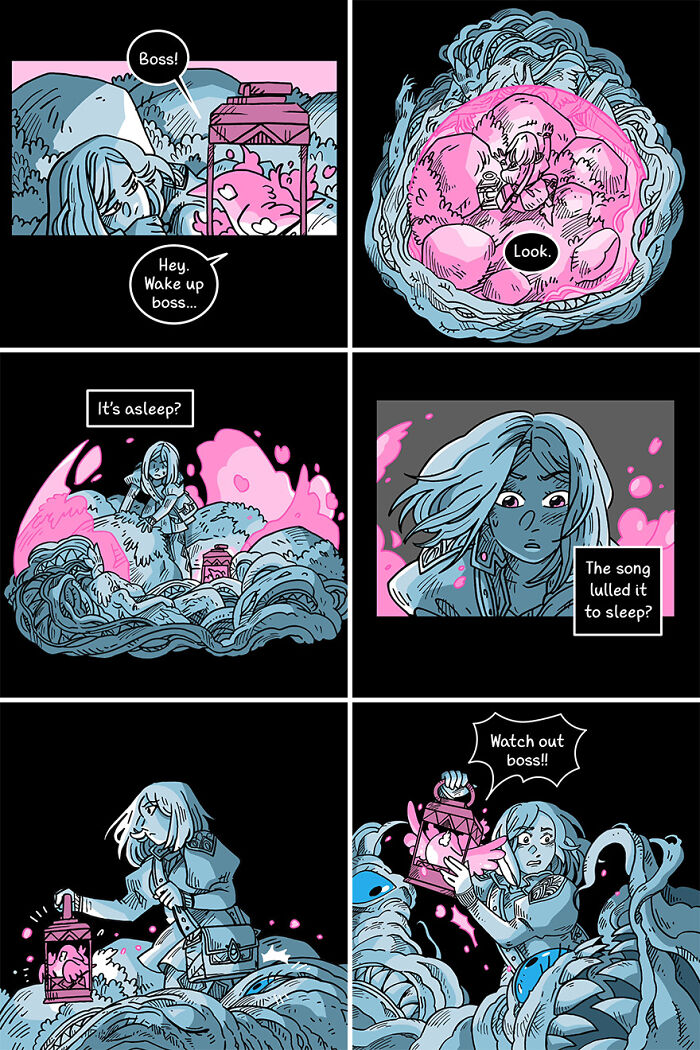 Fairytale-like comic strip in blue and pink tones, featuring a character holding a lantern and encountering a magical creature. Fairytale-like comic strip in blue and pink tones, featuring a character holding a lantern and encountering a magical creature.