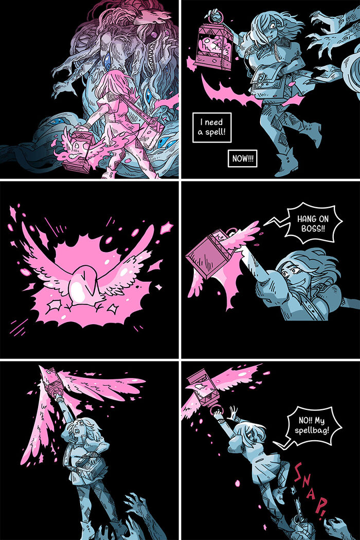 Comic strip showing a magical spellbag and a character in a fantasy setting, with whimsical and colorful illustrations. Comic strip showing a magical spellbag and a character in a fantasy setting, with whimsical and colorful illustrations.