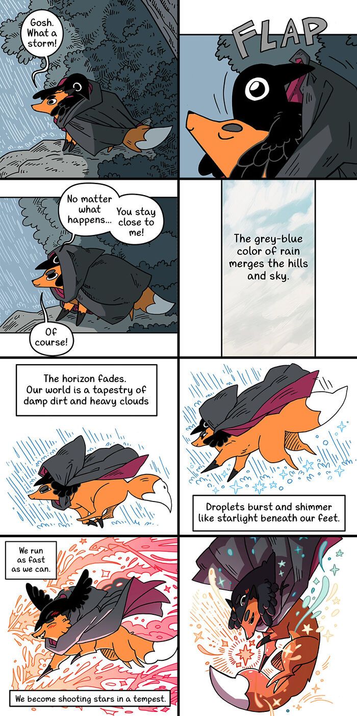 Cute crow characters in a whimsical fairytale comic, facing a storm with vibrant colors and playful text. Cute crow characters in a whimsical fairytale comic, facing a storm with vibrant colors and playful text.