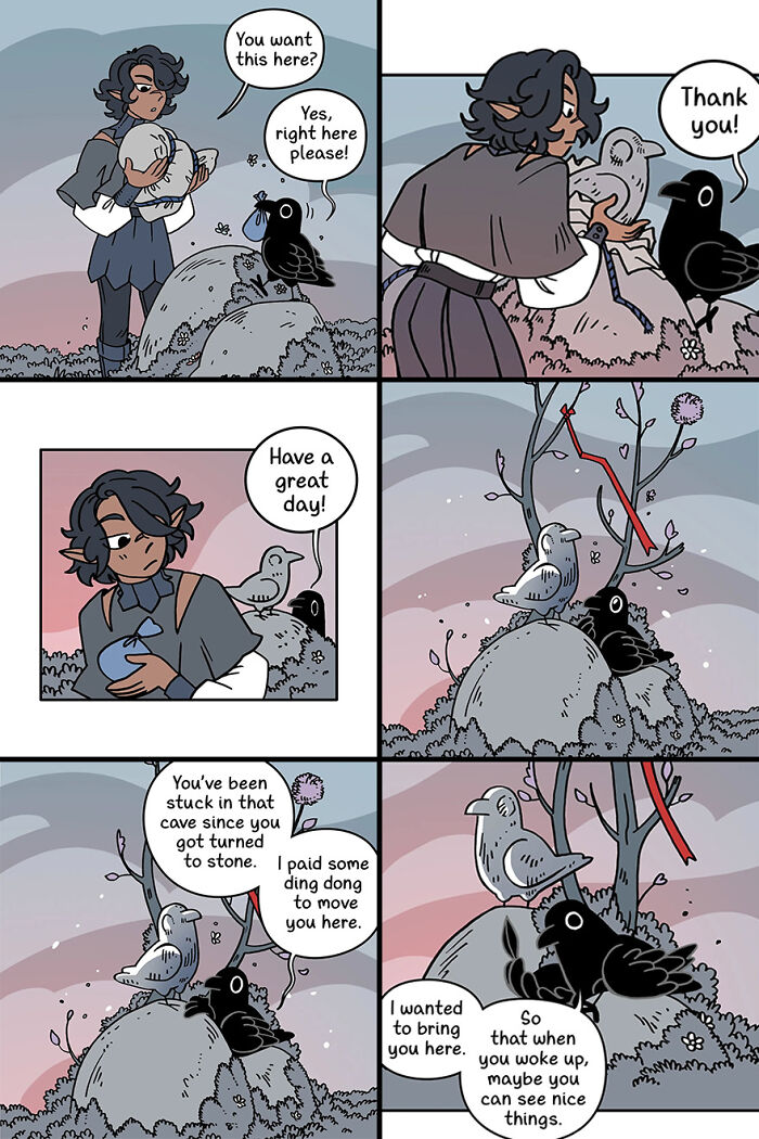 Fairytale-like comic scene with a character placing a statue near crows, engaging in a whimsical conversation in nature. Fairytale-like comic scene with a character placing a statue near crows, engaging in a whimsical conversation in nature.